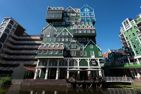 Zaanstad, NETHERLANDS - AUGUST 24 2022, Famous cityscape with green building in Zaanstad, Hollandのeditorial素材