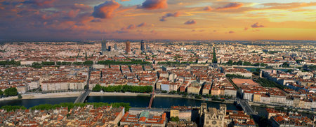 Sunset on Lyon city, France