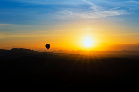 hot air balloon at sunrise, Marrakech, Moroccoの写真素材