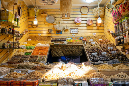 MARRAKECH, MOROCCO - DECEMBER 22, 2022: spices store in famous Marrakesh souk, Morocco.のeditorial素材