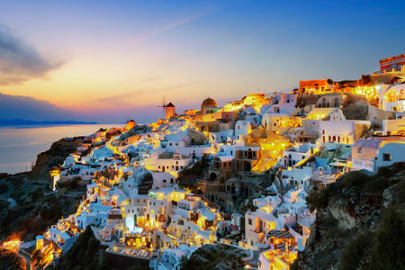 View of Oia at sunset, Santoriniの写真素材