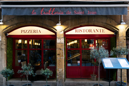 LYON, FRANCE- FEBUARY 26, 2023: Facade of famous italian restaurant in Lyon, Franceのeditorial素材