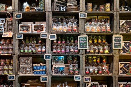 LYON, FRANCE- FEBUARY 26, 2023: shelf in Le Comptoir de Mathilde shop in Lyon, Franceのeditorial素材