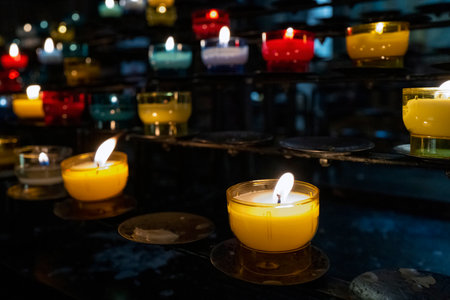 View of candles in Notre-Dame-de-Fourviere basilica, Lyon, Franceの写真素材