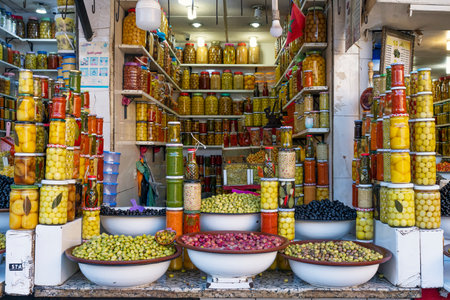 MARRAKECH, MOROCCO - DECEMBER 22, 2022: olive store in famous Marrakesh souk, Morocco.のeditorial素材