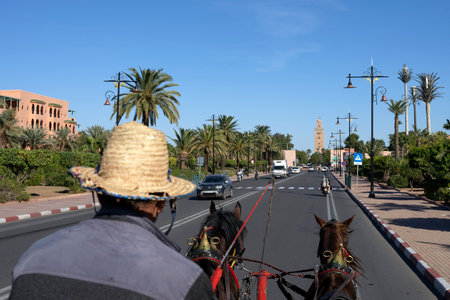 MARRAKECH, MOROCCO - DECEMBER 23, 2022: caleche on an avenue in Marrakech, Morocco.のeditorial素材