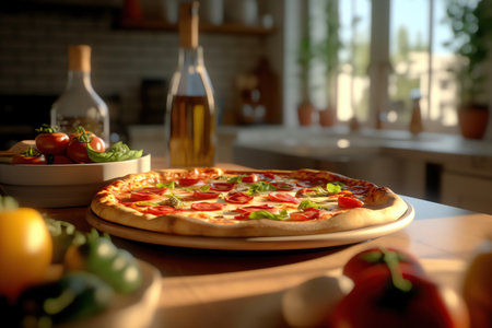 Pizza on a table, generative AIの素材
