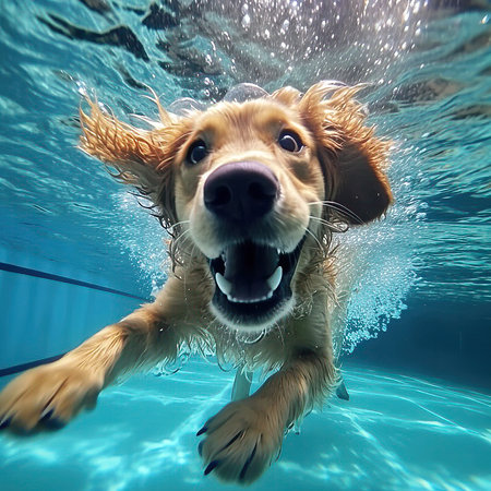 Portrait of dog swimming in a swimming pool, AI generativeの素材