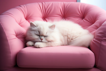 white cat sleeping on pink sofa, AI generated imageの素材