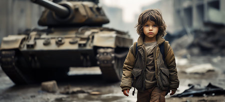 schoolboy in war zone, AI generated imageの素材