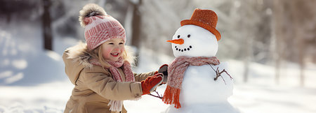 cute girl and snowman, AI generated imageの素材