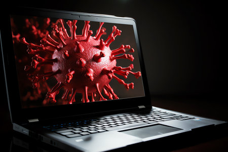 red virus on laptop, AI generated imageの素材