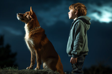 boy and dog looking at the moon, AI generated imageの素材