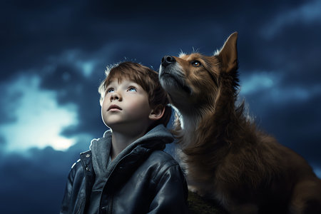 boy and dog under moonlight, AI generated imageの素材