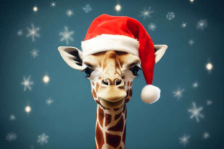 giraffe with santa claus cap, AI generated imageの素材