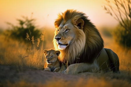 lion and lion cub, AI generated imageの素材
