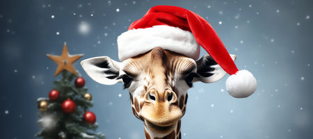 giraffe with christmas hat, AI generated imageの素材