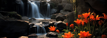 view of orange flowers in front of falls, AI generated imageの素材