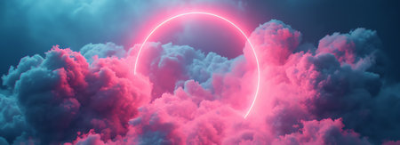 panoramic view of pink light circle behind clouds, AI generated imageの素材