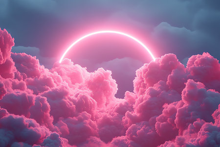 strange pink light circle behind clouds in the sky, AI generated imageの素材