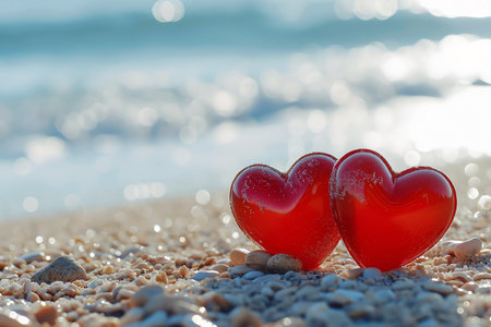 red hearts on the beach, AI generated imageの素材