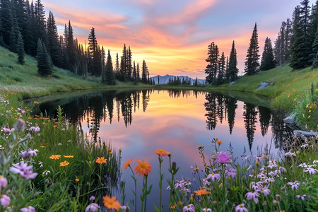 beautiful mountain landscape with lake and flowers, AI generated image