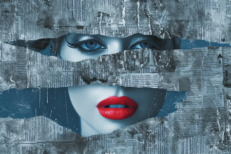 painting of a woman made with newspapers and paint, AI generated imageの素材