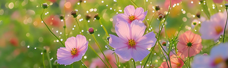 spring flowers with dew in a garden in the morning light, AI generated imageの素材