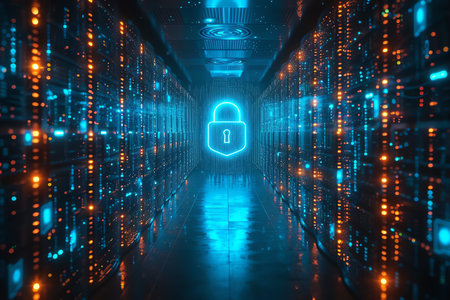 padlock in computer server room, AI generated imageの素材