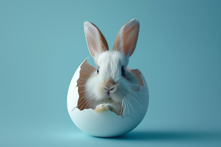 baby rabbit in an egg on blue, AI generated imageの素材