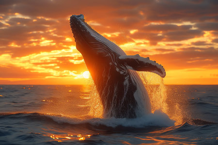 whale jumping out of the water at sunset, AI generated imageの素材