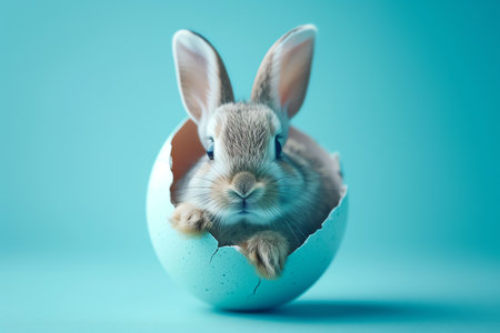 rabbit in an egg on blue, AI generated imageの素材