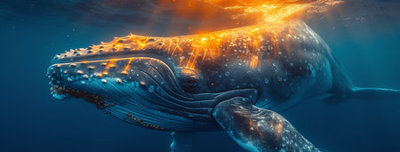 whale in the ocean at sunset, AI generated imageの素材