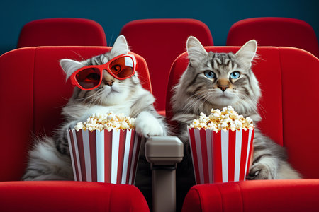 cats with popcorn at cinema, AI generated imageの素材