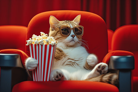 cat with popcorn at theater, AI generated imageの素材