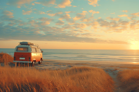 van on the shore, AI generated imageの素材