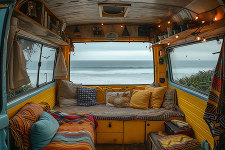 interior of vintage van on the beach, AI generated imageの素材