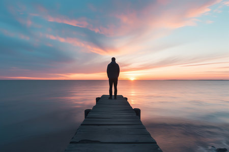 alone on the pontoon at sunset, AI generated imageの素材