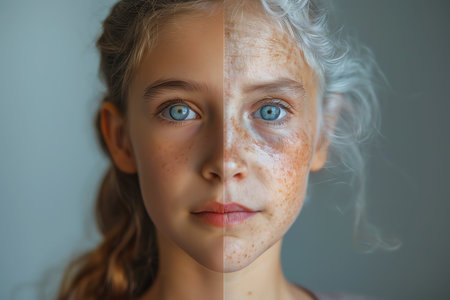 same young and old woman, aging concept, AI generated imageの素材