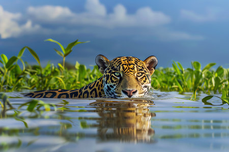 leopard in water, AI generated imageの素材