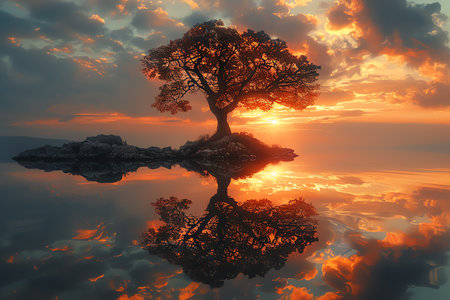 tree and lake at sunset, AI generated imageの素材