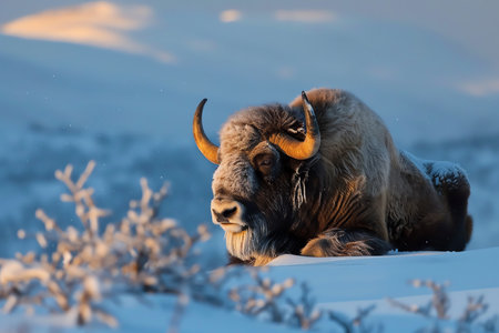 bison on snow, AI generated imageの素材