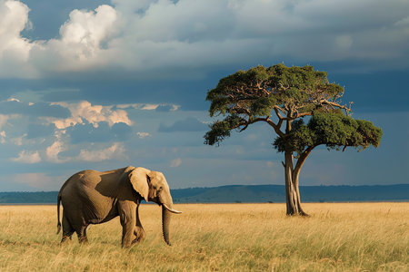 elephant in plain, AI generated imageの素材