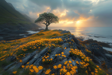 tree and yellow flowers, AI generated imageの素材