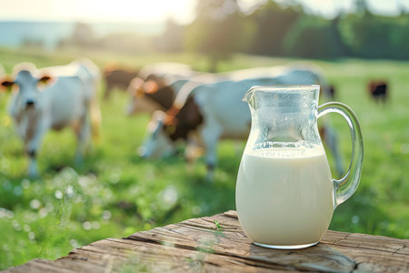 pitcher of milk on a table in front of cows, AI generated imageの素材