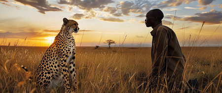 man and cheetah, AI generated imageの素材