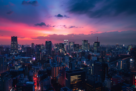 beautiful sunset on city, AI generated imageの素材