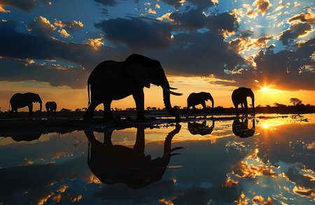 elephants at sunset, AI generated imageの素材