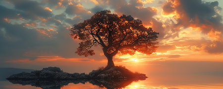 tree and lake at sunset, AI generated imageの素材