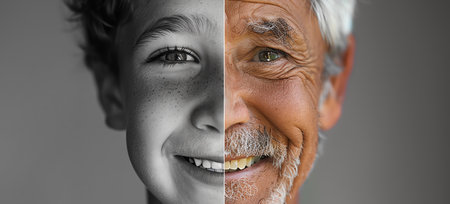 portrait of same young and old man smiling, AI generated imageの素材